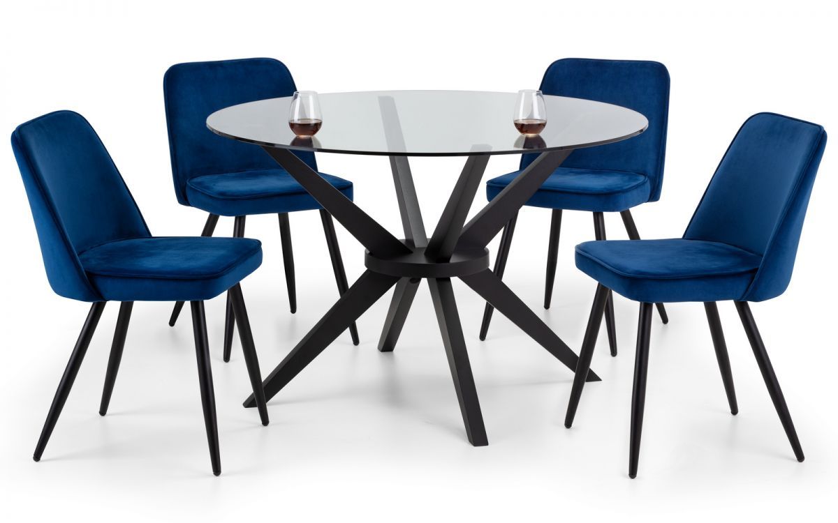Hayden 1.2m Round Glass Dining Table with 4 Burgess Blue Dining Chair