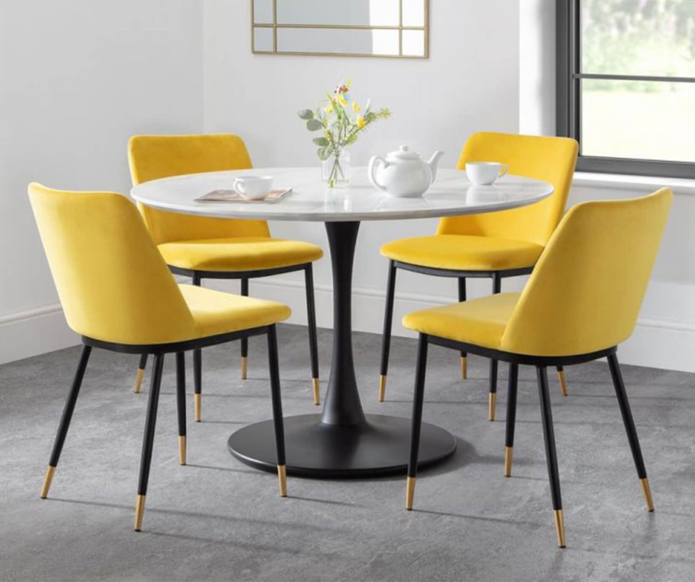 Holland 1.2m Round Pedestal Dining Table with 4 Delaunay Mustard Chairs