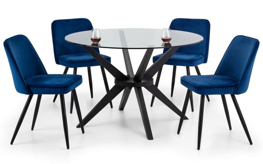 Hayden 1.2m Round Glass Dining Table with 4 Burgess Blue Dining Chair
