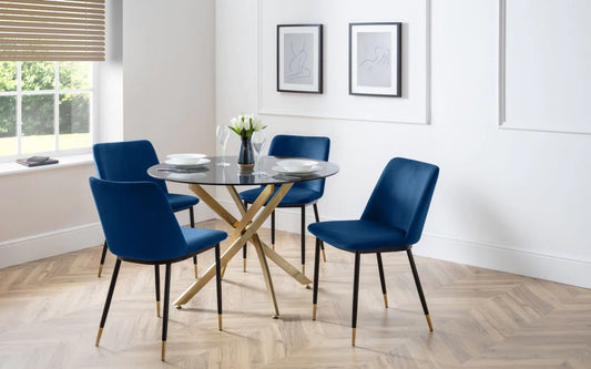 Montero 1m Glass Round Table & 4 Delaunay Blue Chairs