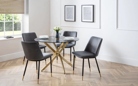 Montero 1m Glass Round Table & 4 Delaunay Grey Chairs