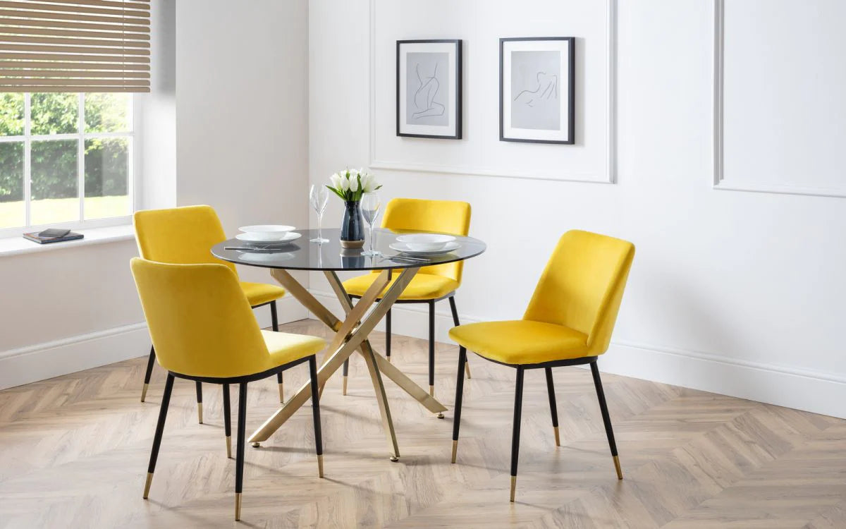 Montero Glass Round Table & 4 Delaunay Mustard Chairs