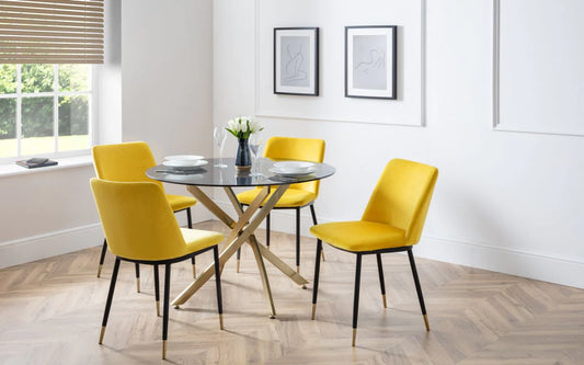 Montero Glass Round Table & 4 Delaunay Mustard Chairs