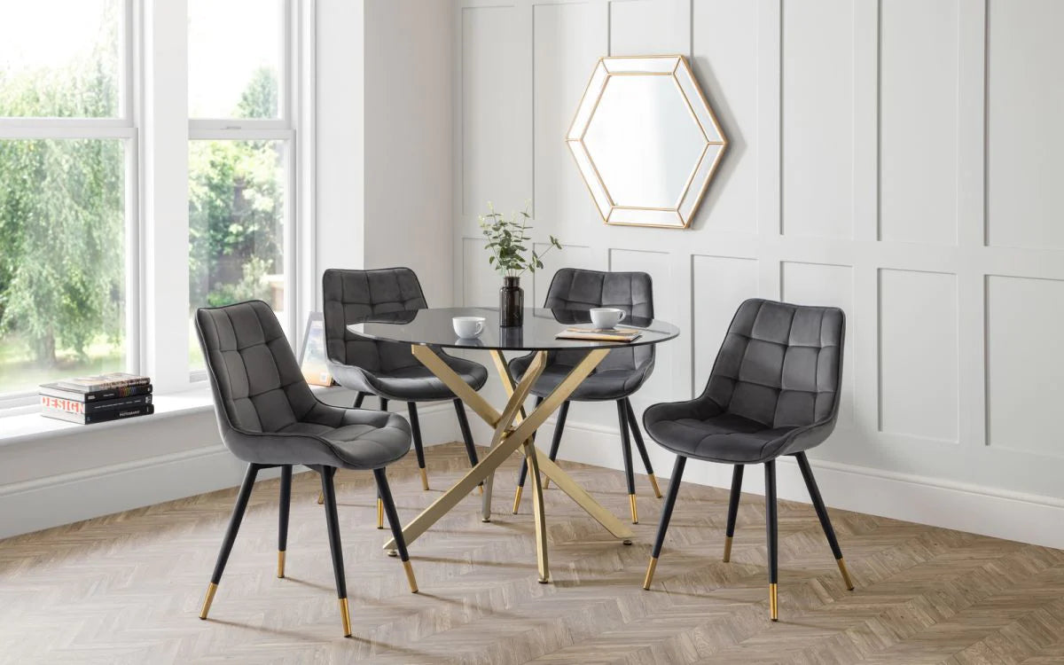 Montero 1m Glass Round Table & 4 Hadid Grey Chairs