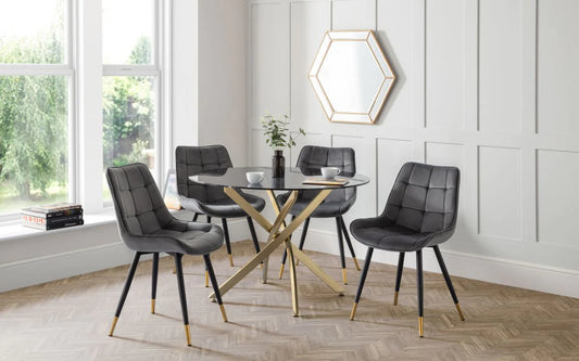 Montero 1m Glass Round Table & 4 Hadid Grey Chairs