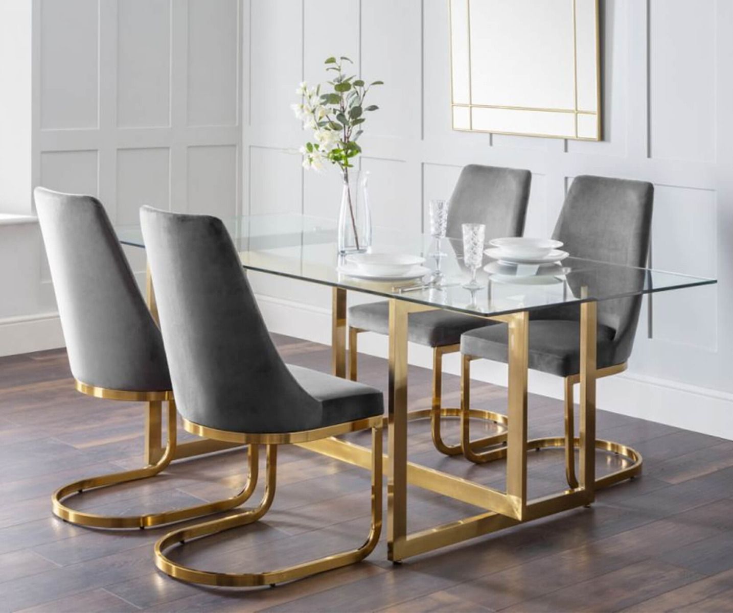 Minori 2m Rectangular Glass Dining Table with 4 Vittoria Grey Dining Chairs