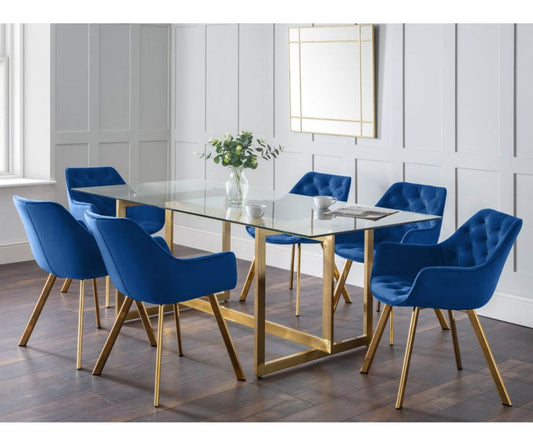 Minori 2m Rectangular Glass Dining Table with 6 Lorenzo Blue Dining Chairs
