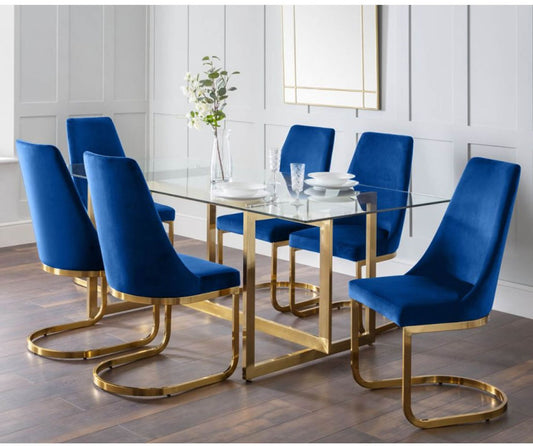 Minori 2m Rectangular Glass Dining Table with 6 Vittoria Blue Dining Chairs